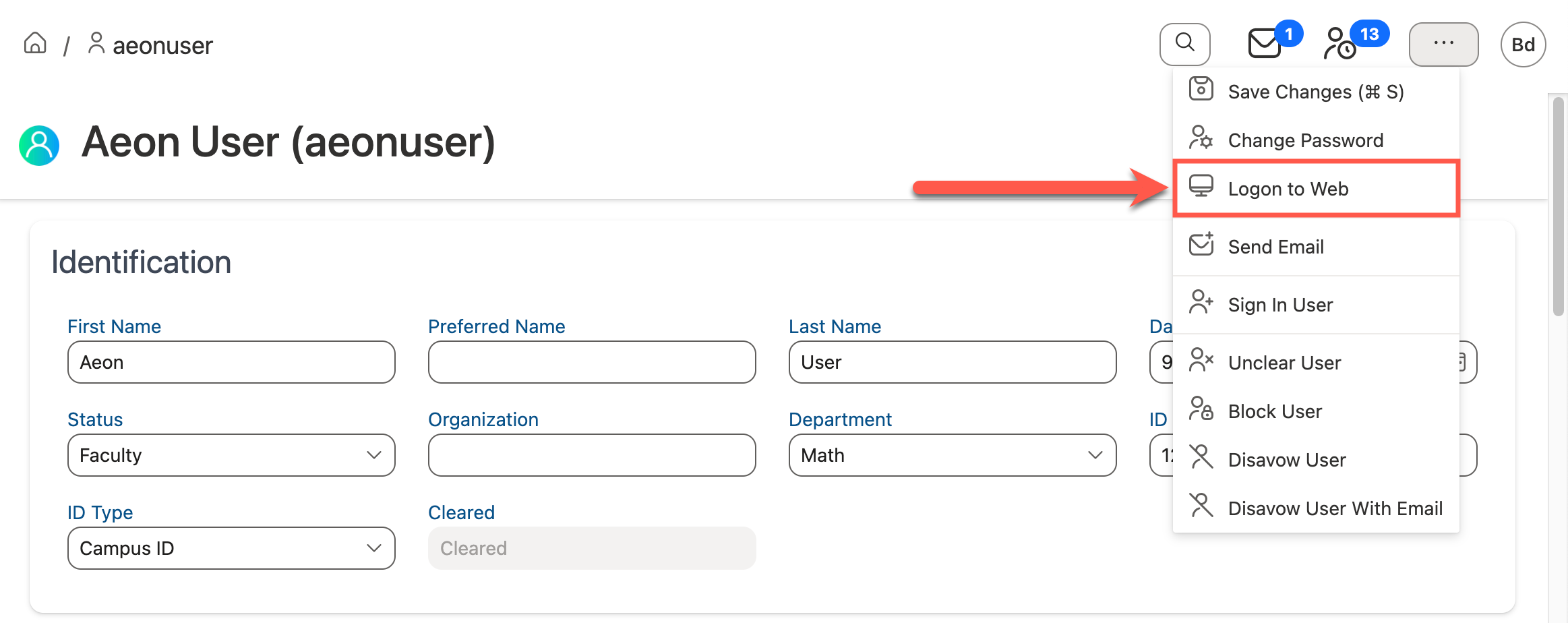 Logon to Web option in Action menu