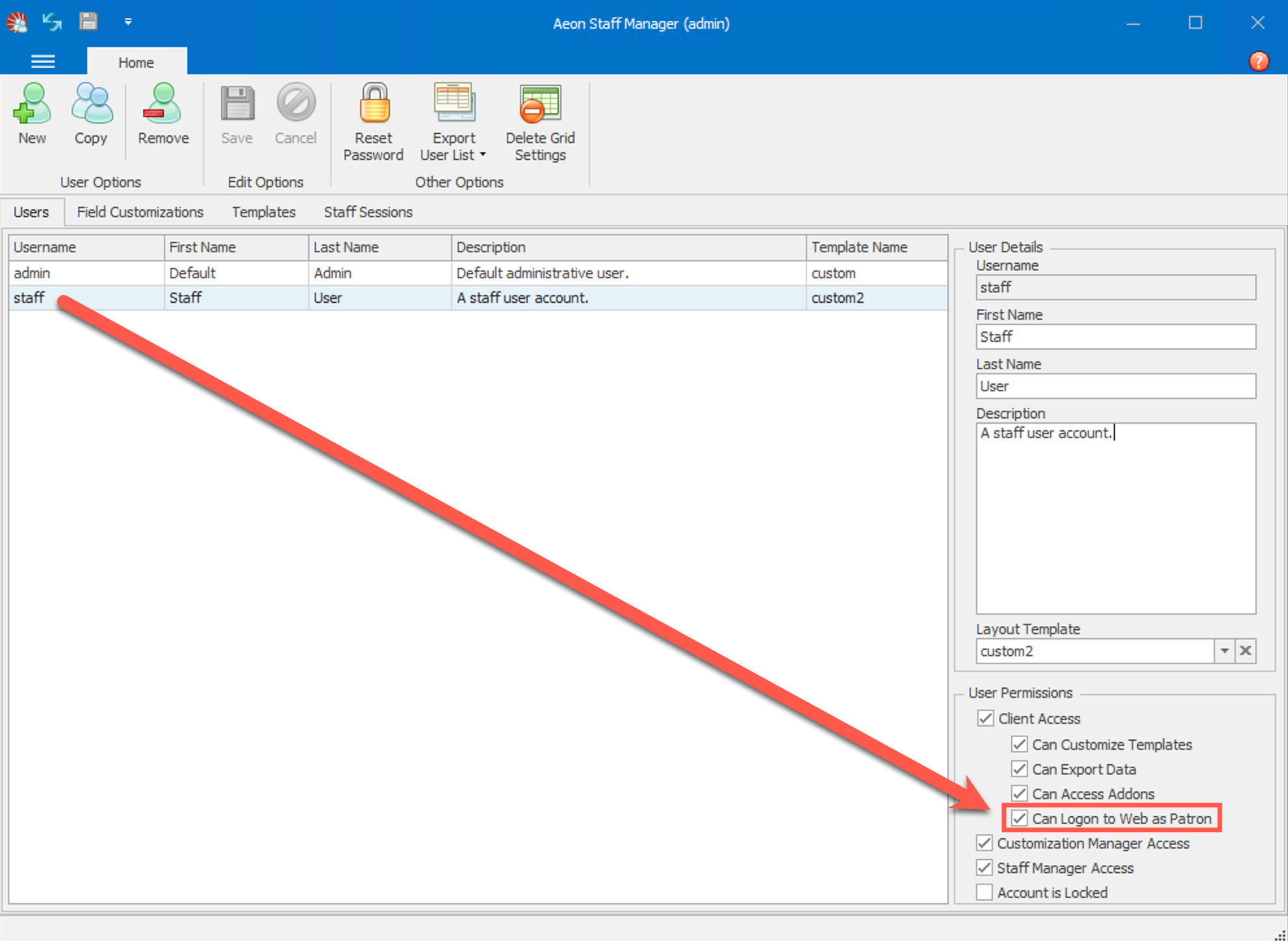 Logon to Web permission configured for user in Staff Manager