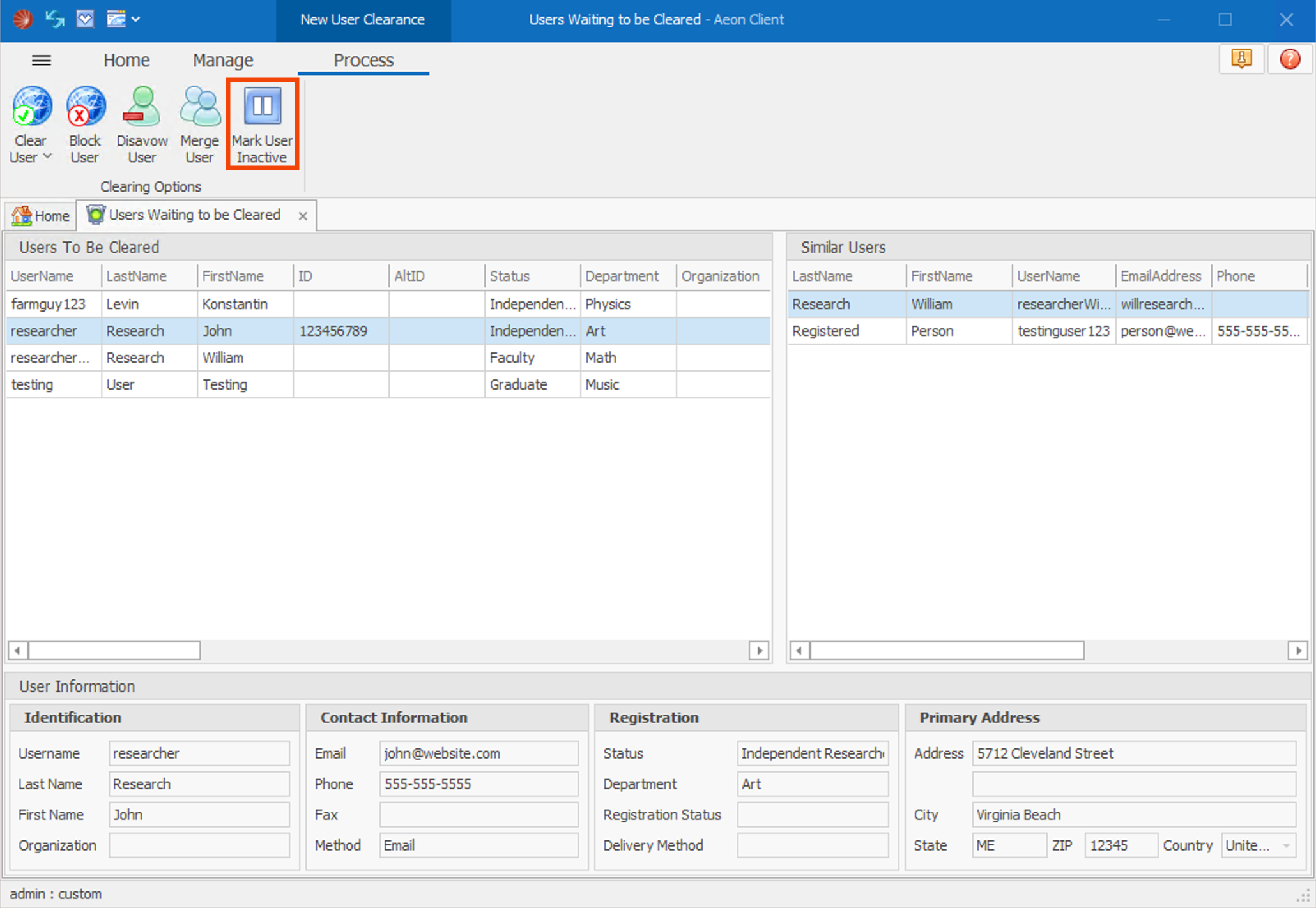 Mark User Inactive button on Users waiting to be cleared form
