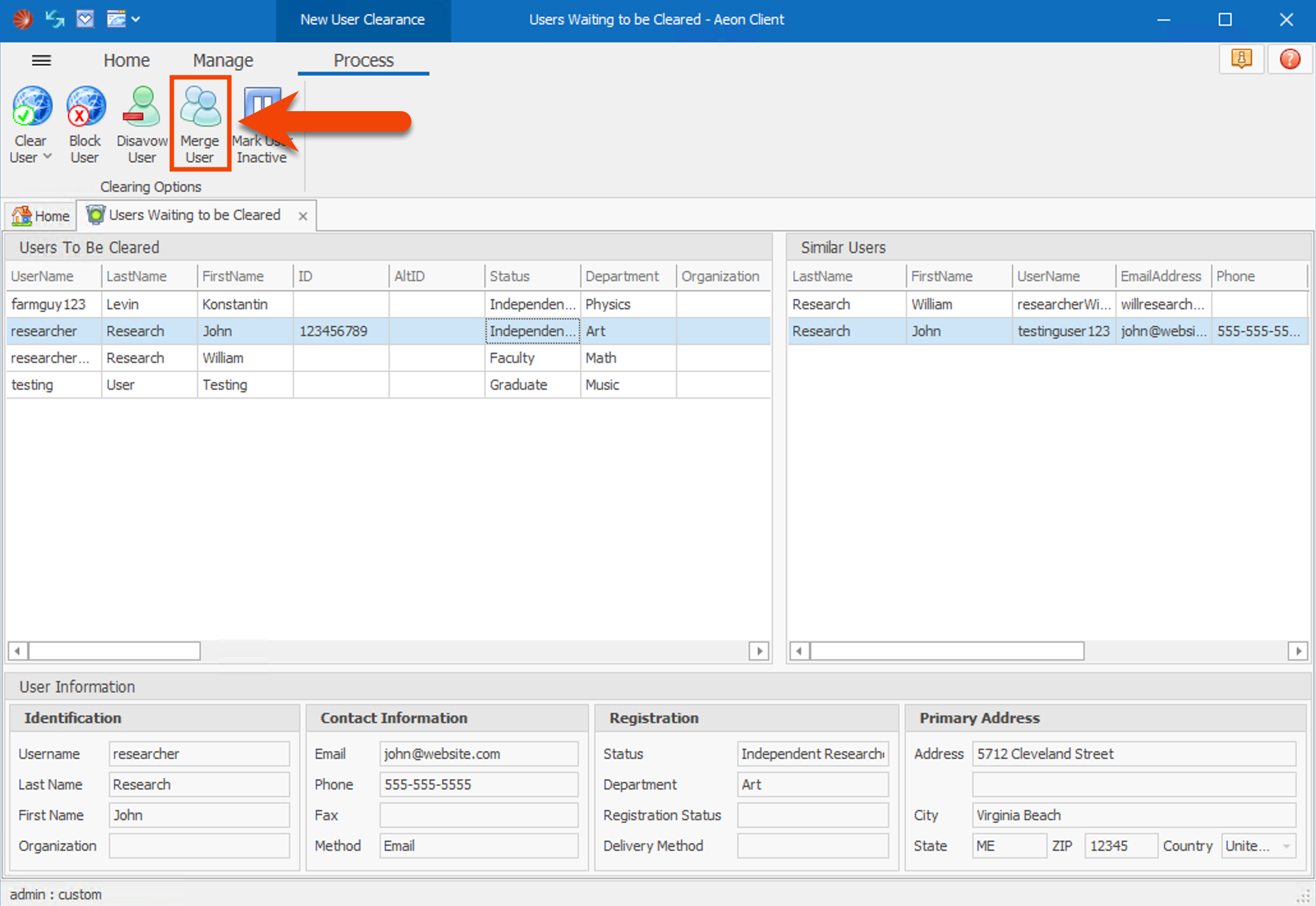 The Users Waiting to be Cleared form in the Aeon Desktop Client with the Merge User button highlighted, alongside the Users To Be Cleared and Similar Users grids