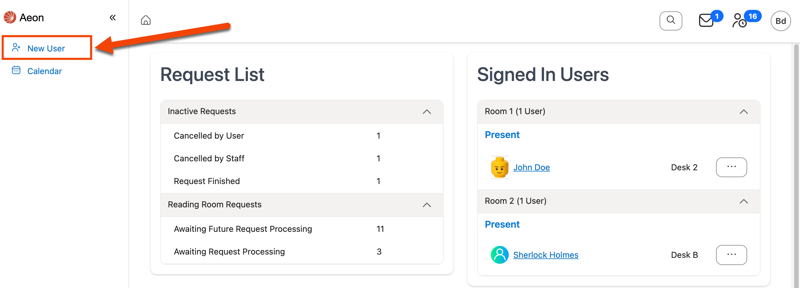 New User button in navigation menu