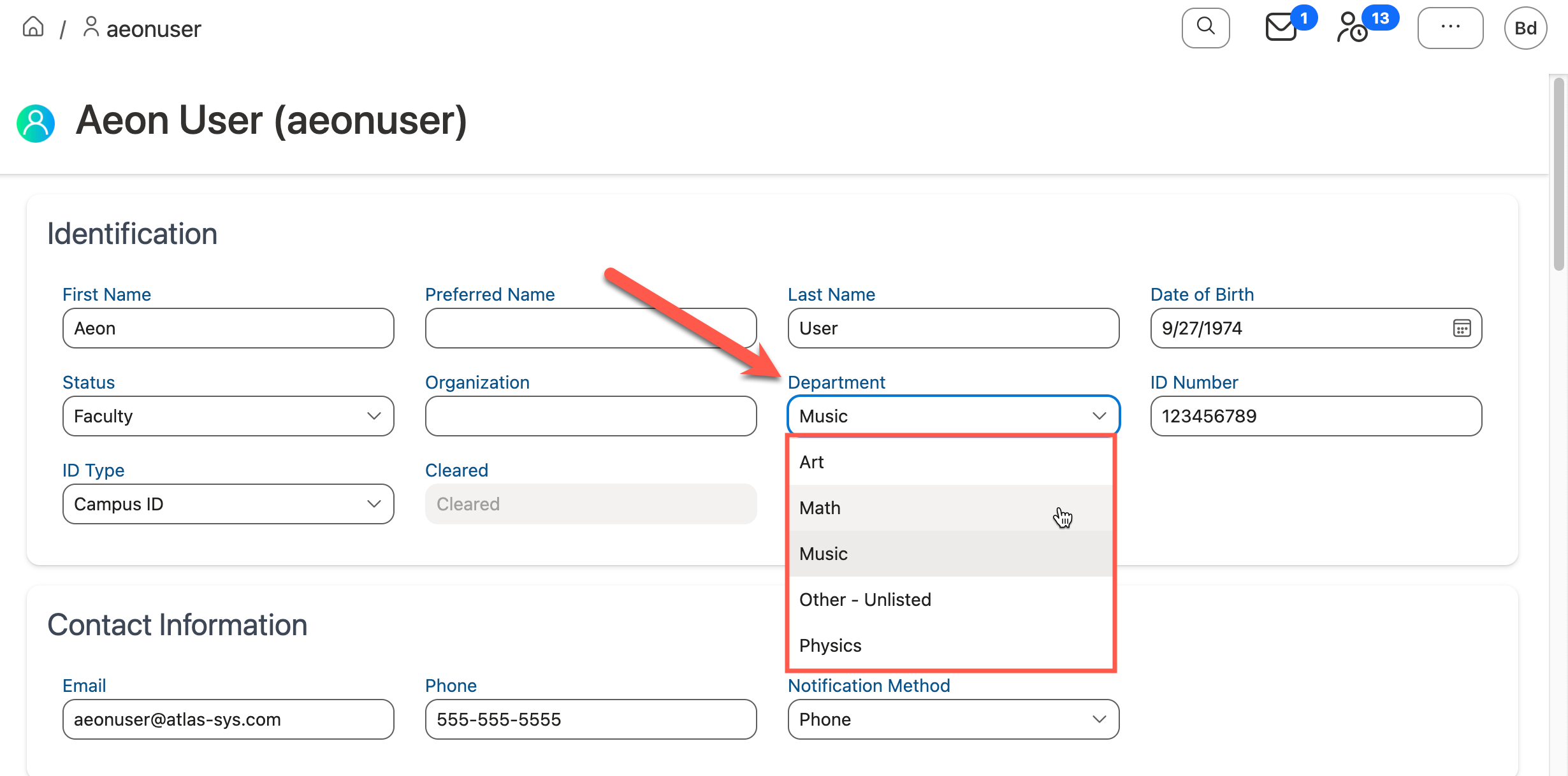 New selection highlighted in field's dropdown menu