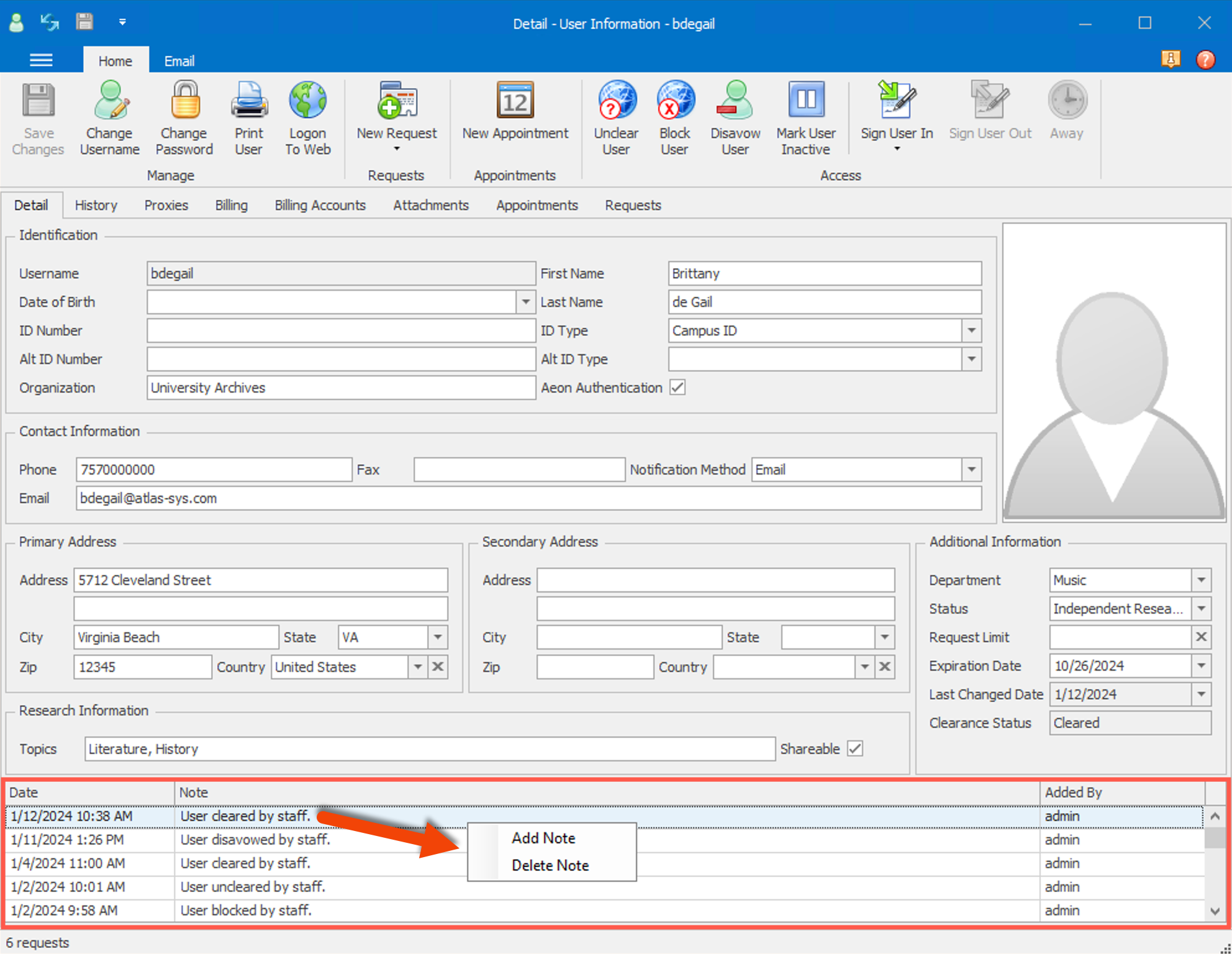 Notes grid highlighted on User Information form