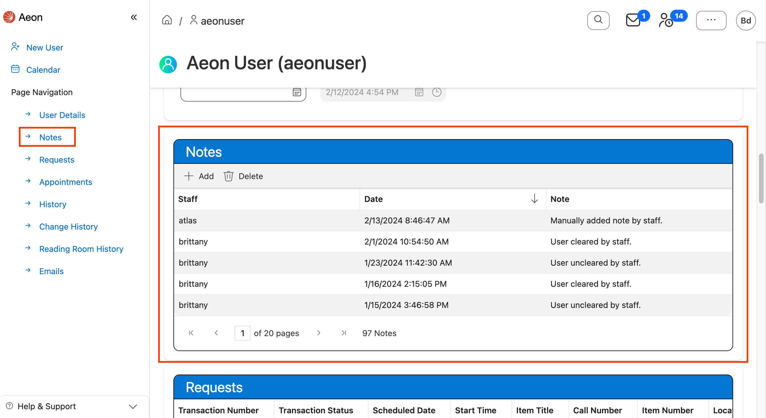 Notes section highlighted on User Information page