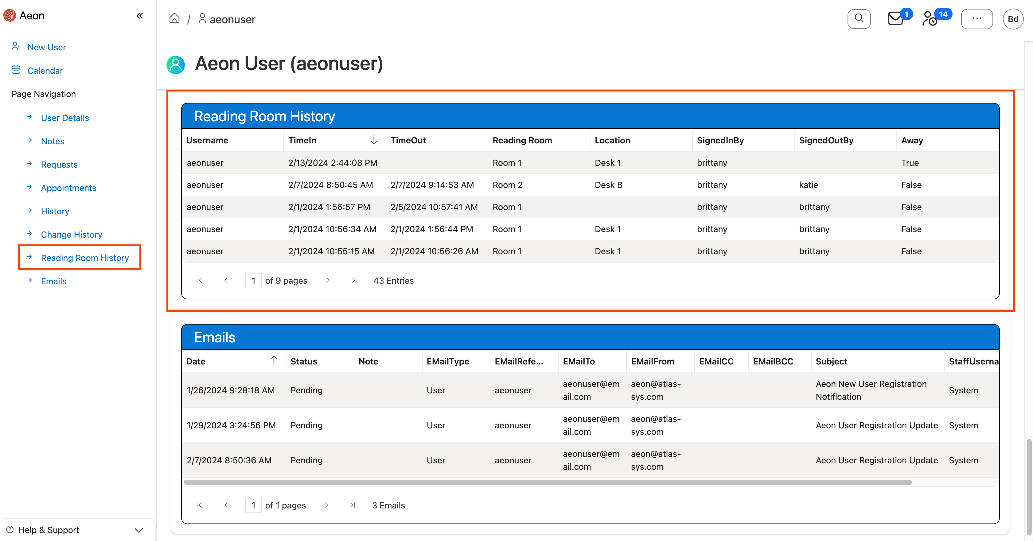Reading Room History gird highlighted in web client