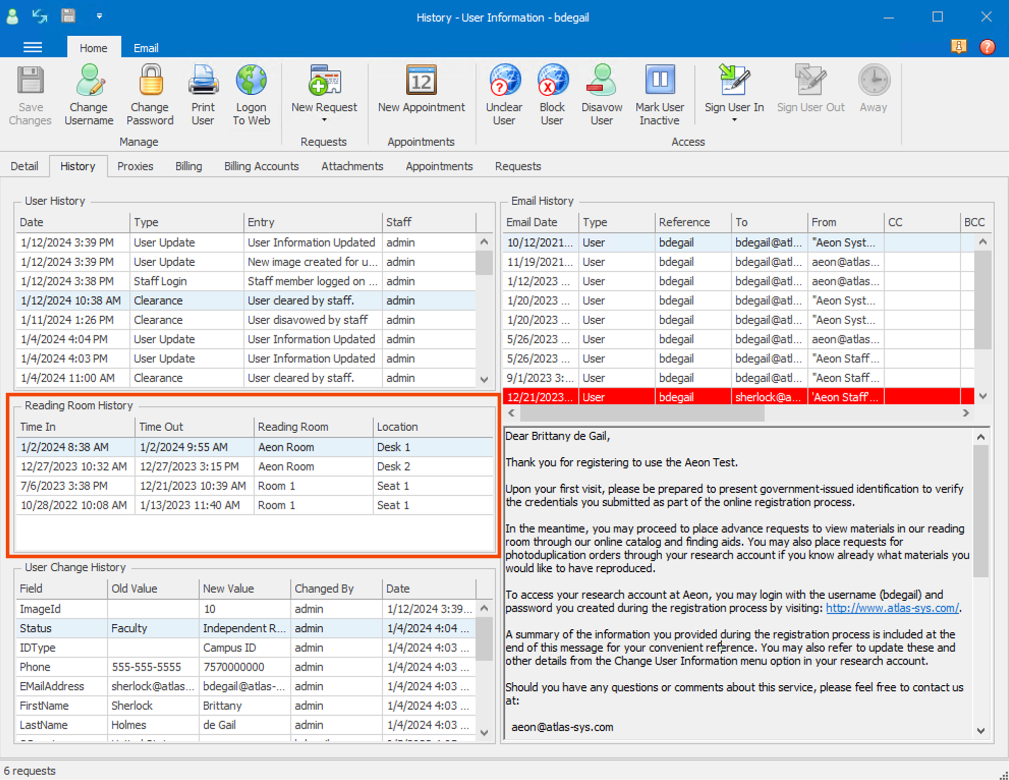 Reading Room History grid highlighted in desktop client
