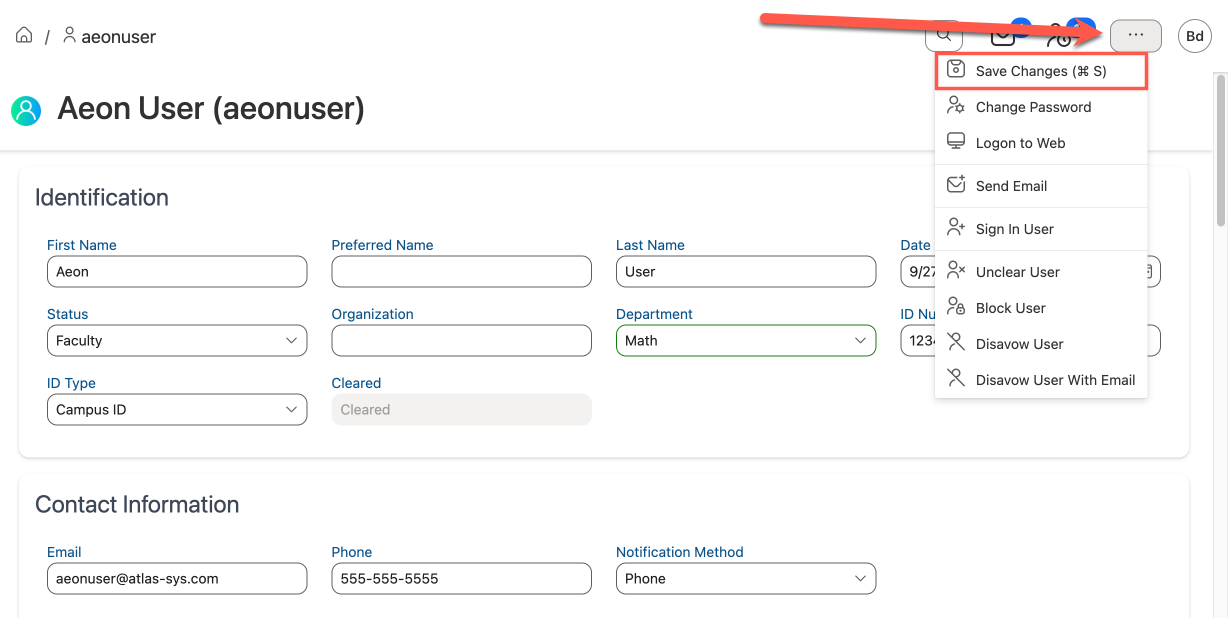 Save Changes option in Action menu