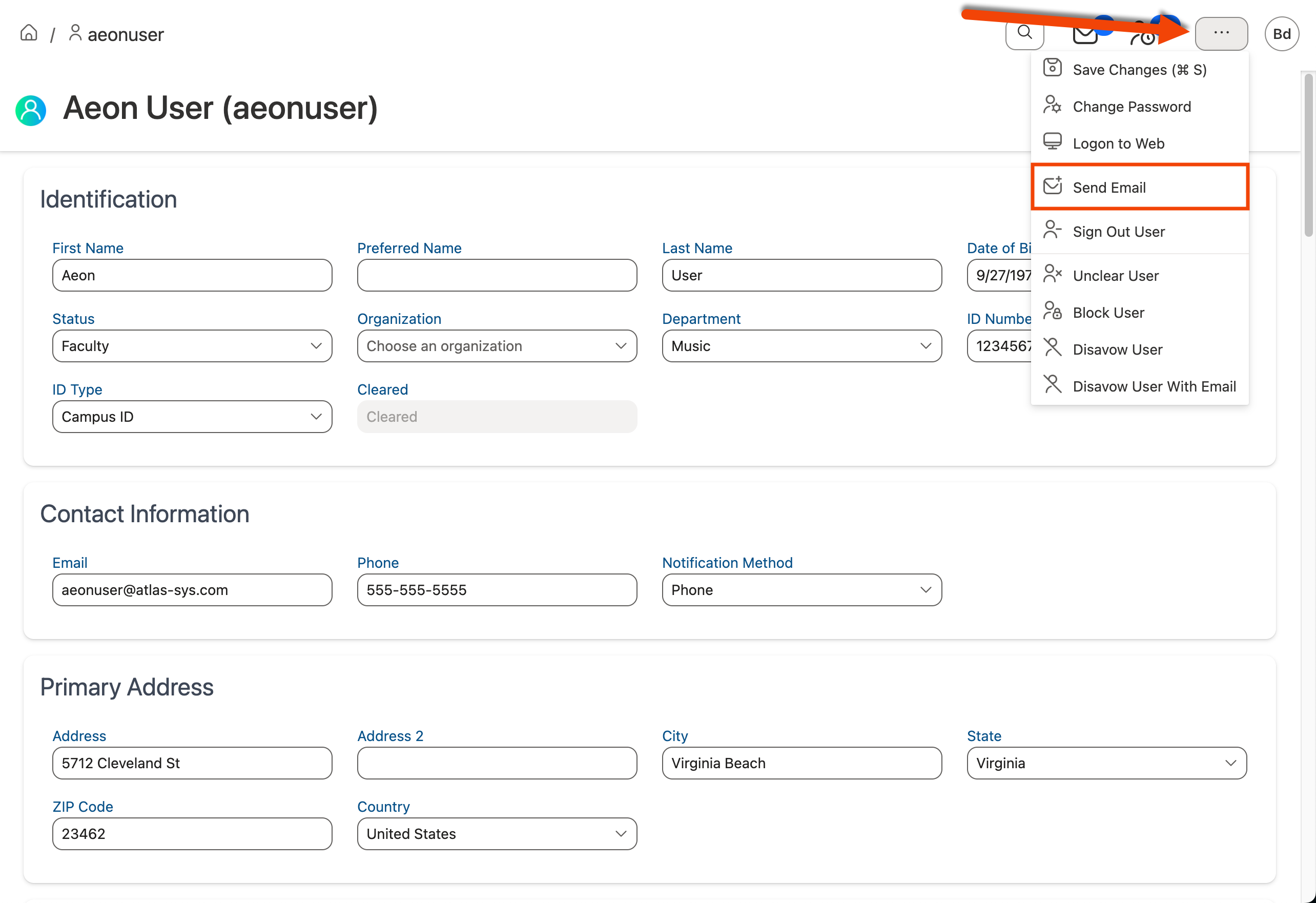 Send Email button highlighted in Action menu