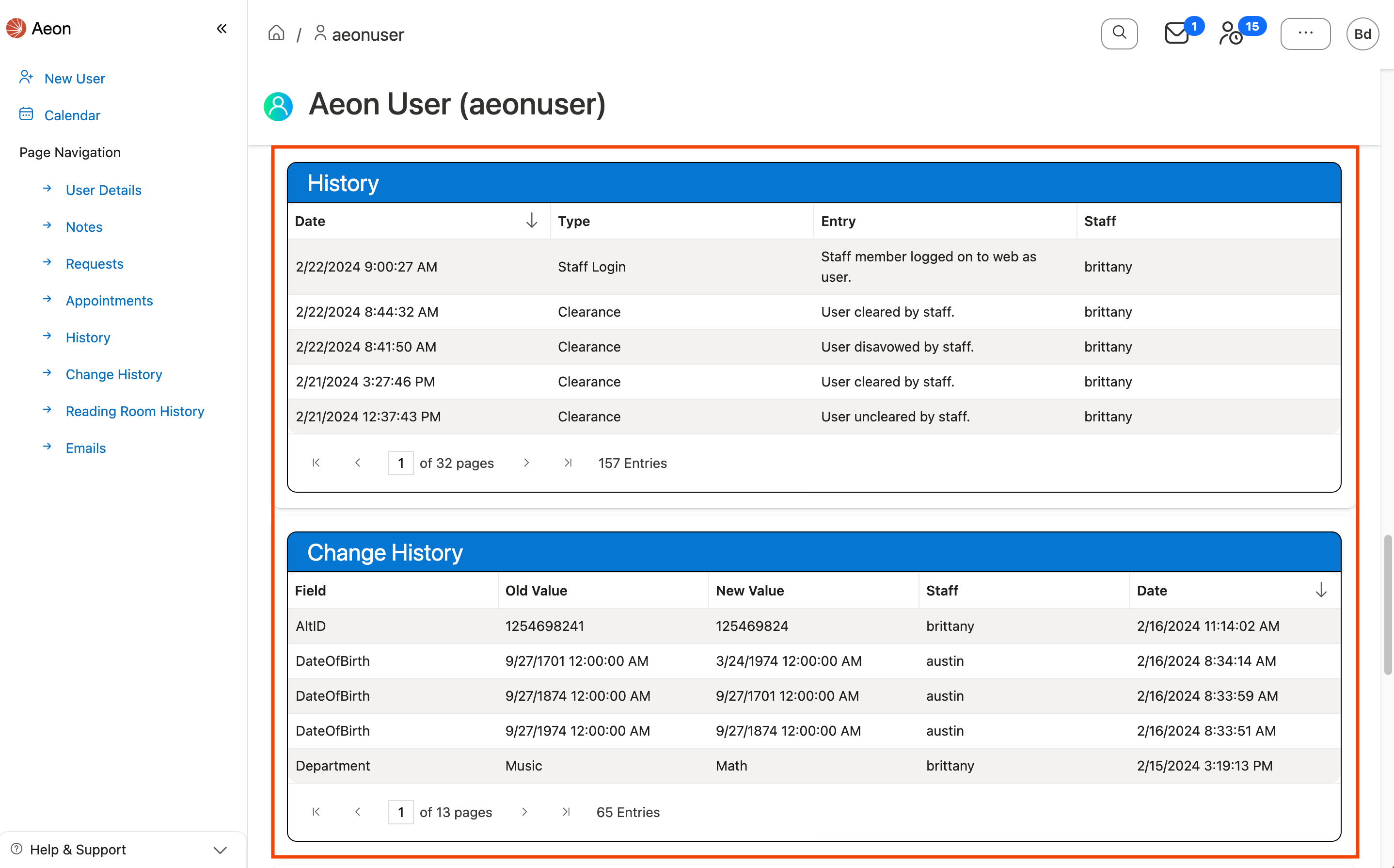 User Change History and History grids