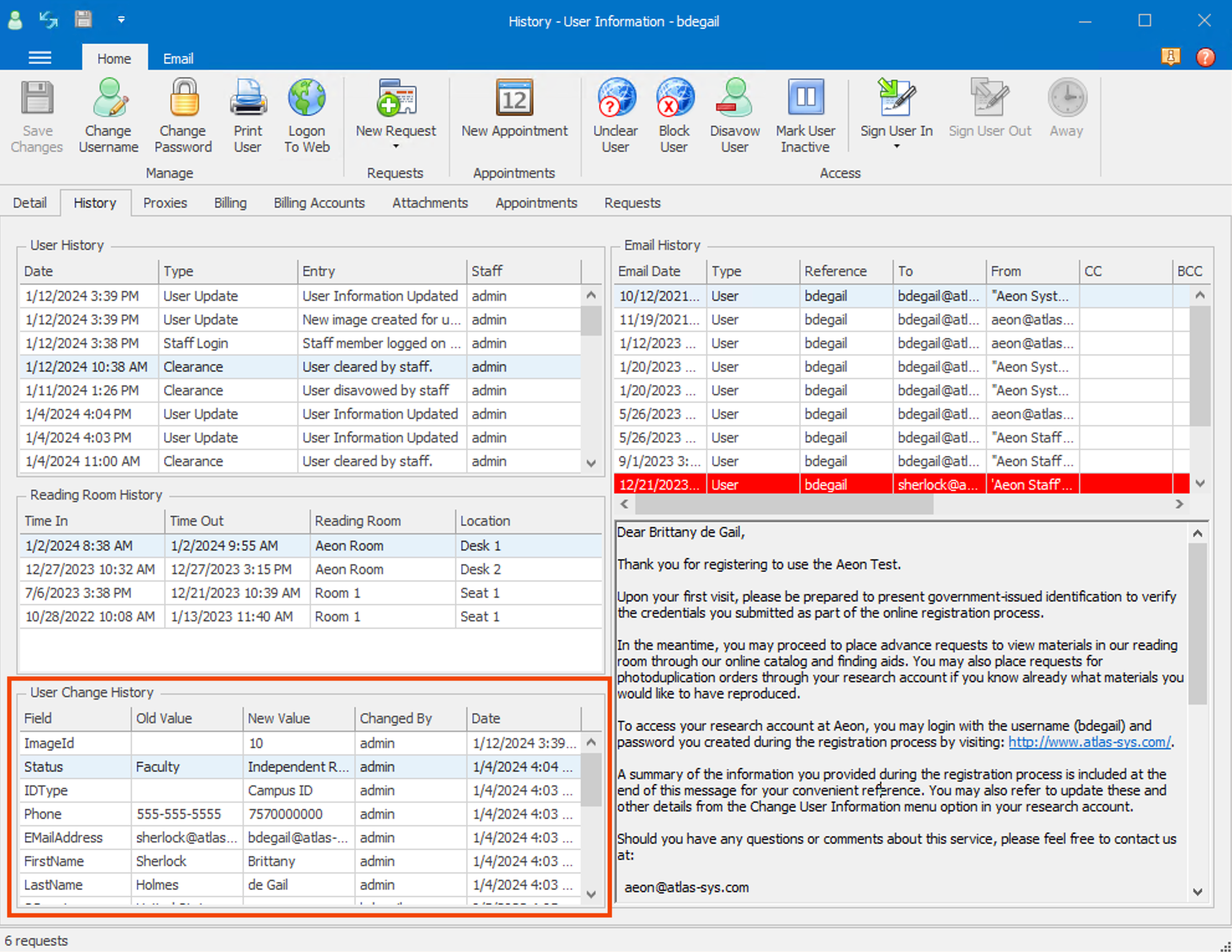 User Change History grid highlighted in desktop client