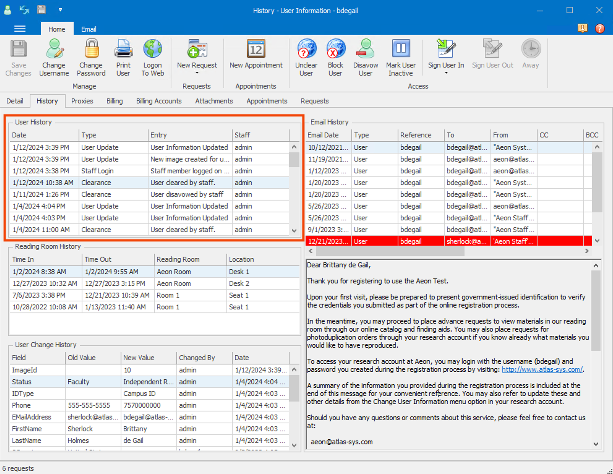 User History grid in desktop client