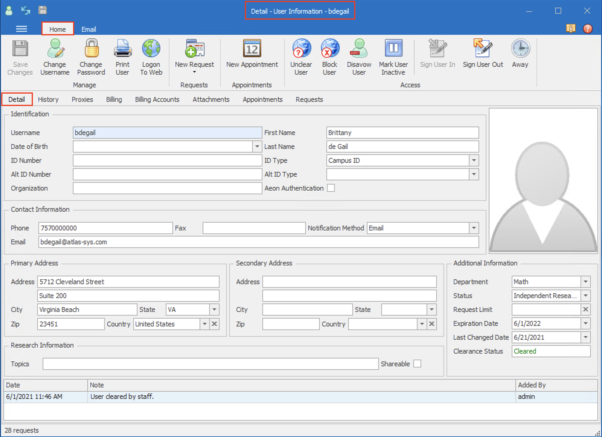 User Information form in Aeon Desktop Client