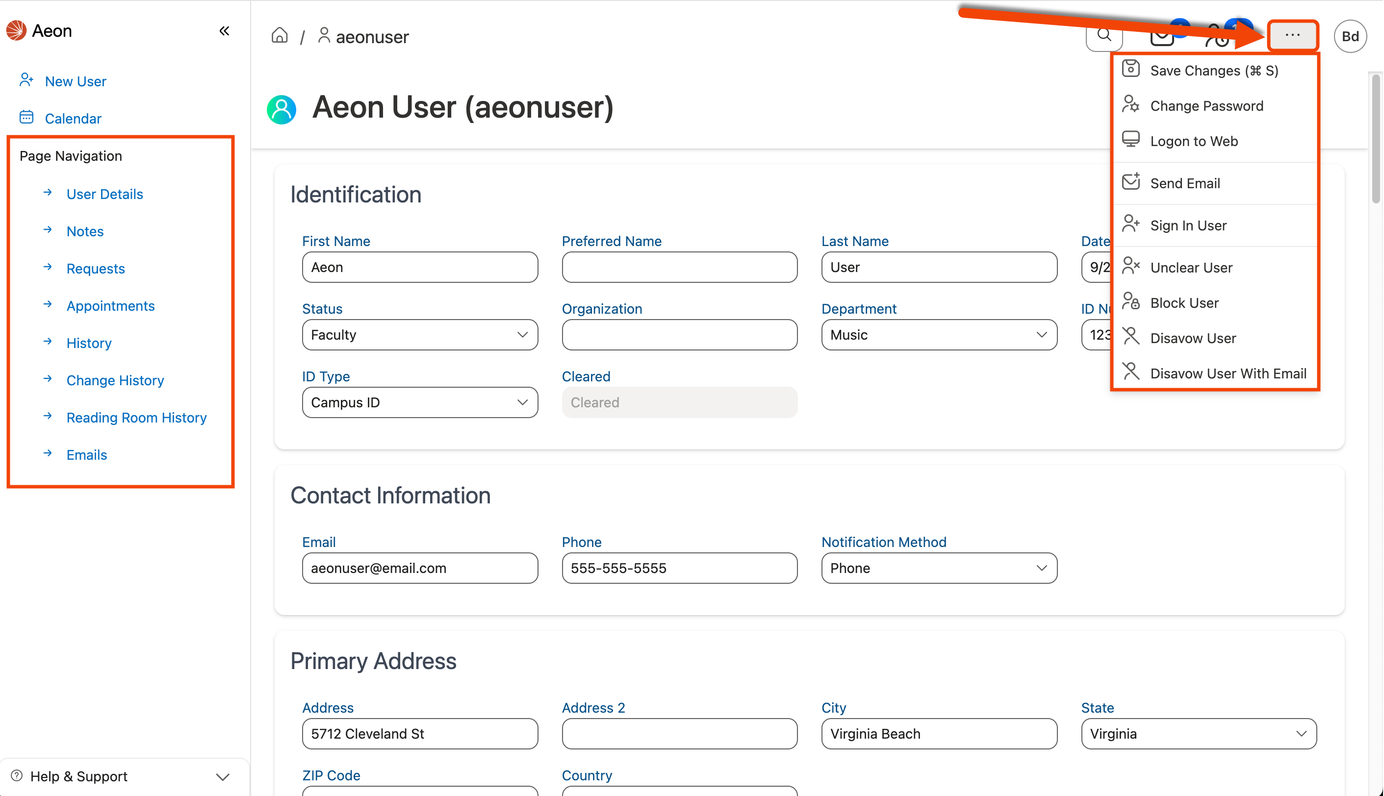 User Information page in Aeon Web Client with Action menu expanded