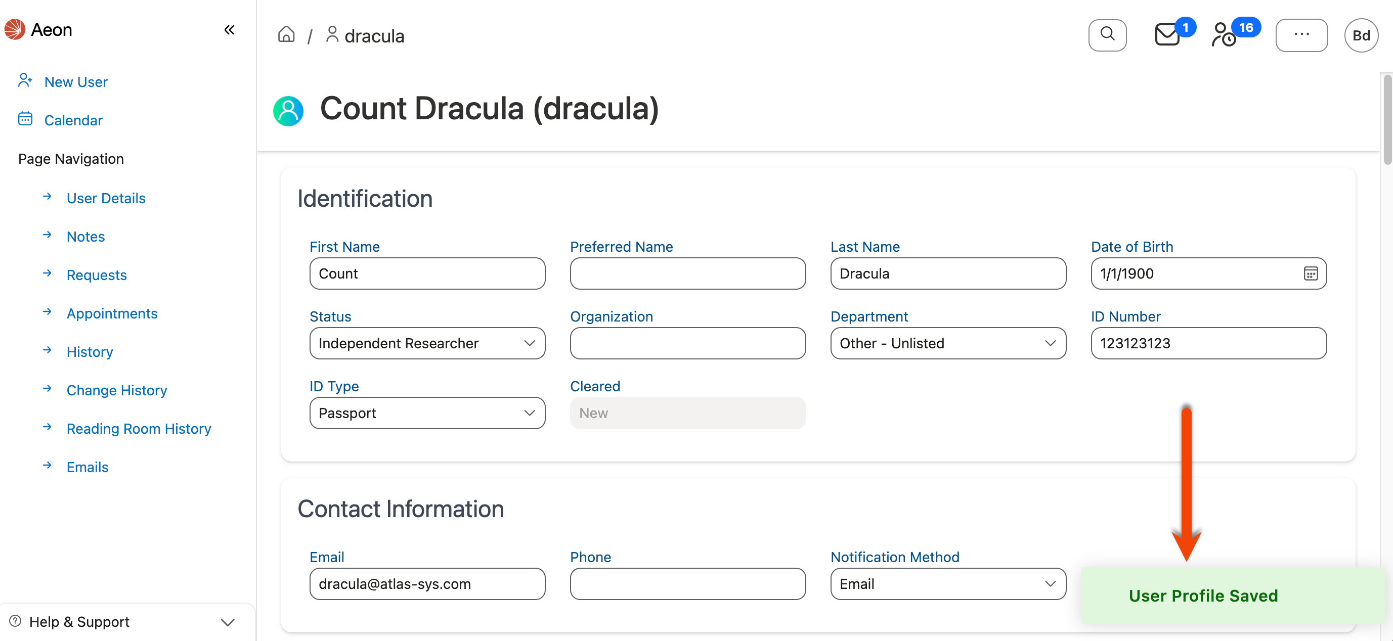 User Profile Saved message on profile page