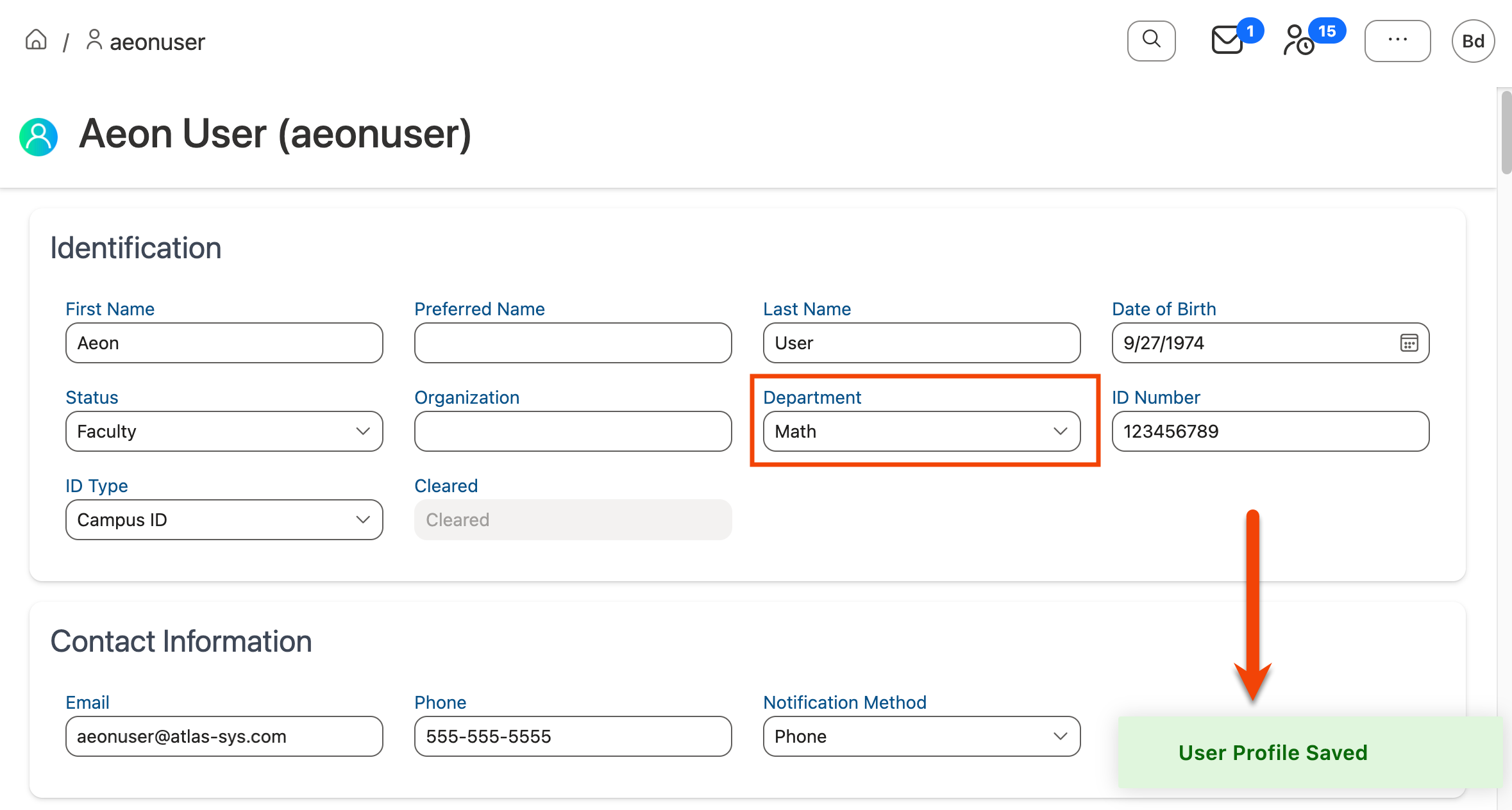 User Profile Saved message on profile page with new information saved in edited field