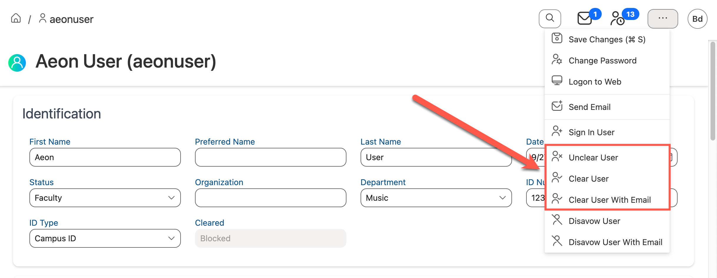 User clearance options in Action menu