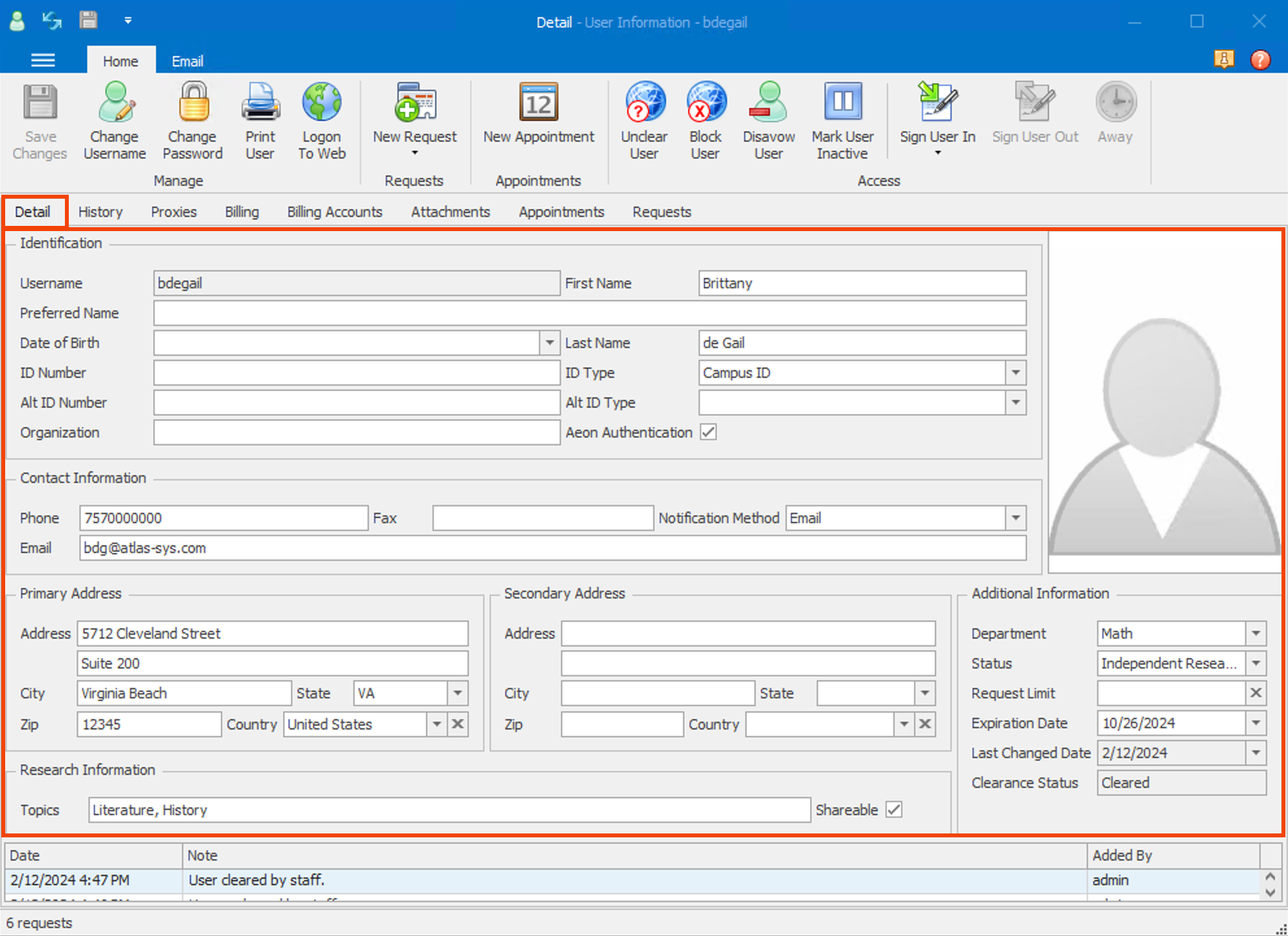 User details displayed on User Information form
