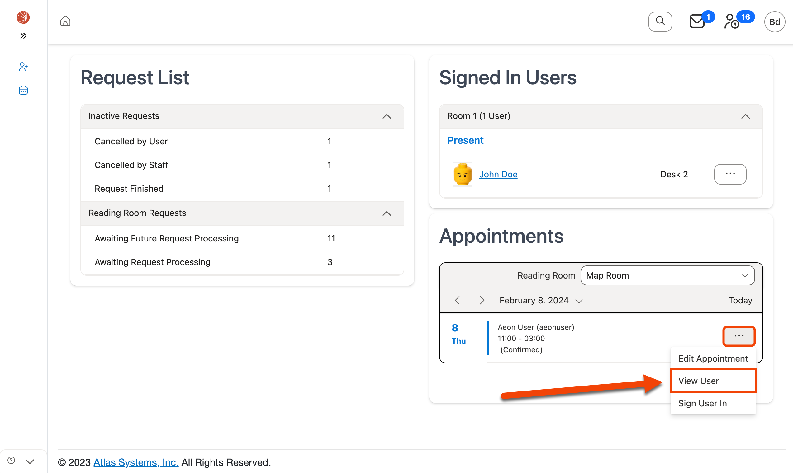 View User option in Action menu