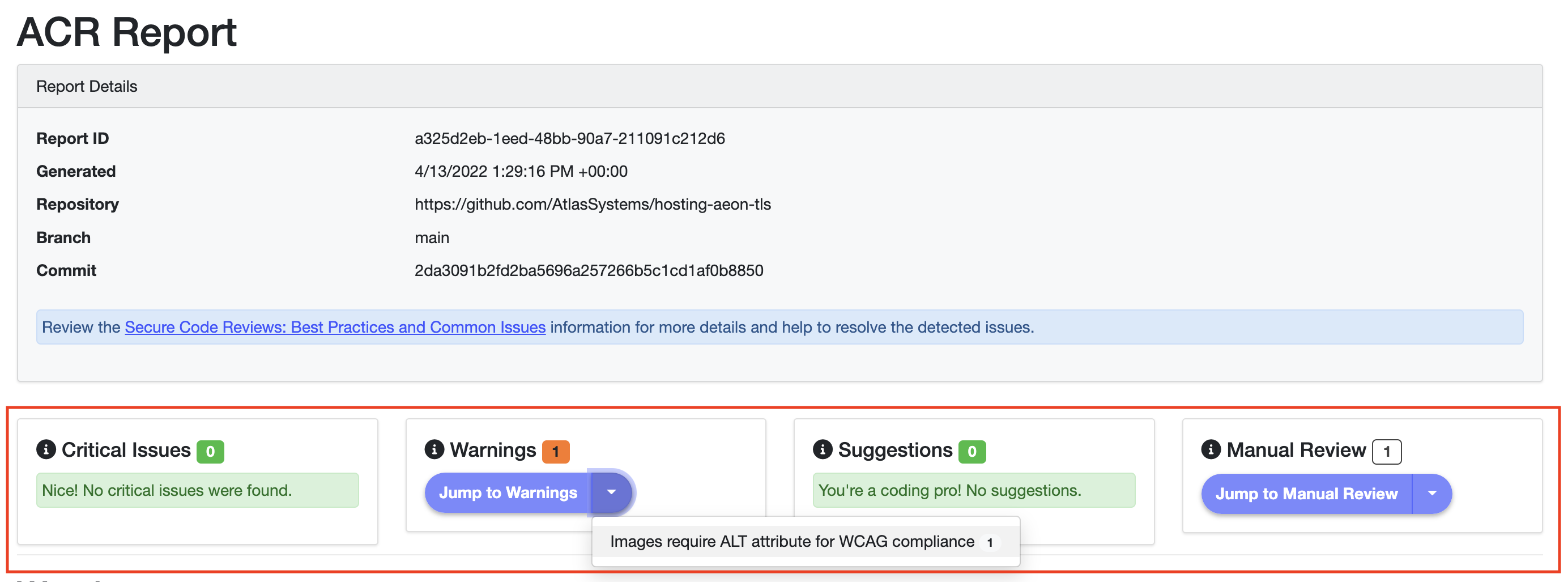 Atlas Automated Code Review Service Code Review Report Categories