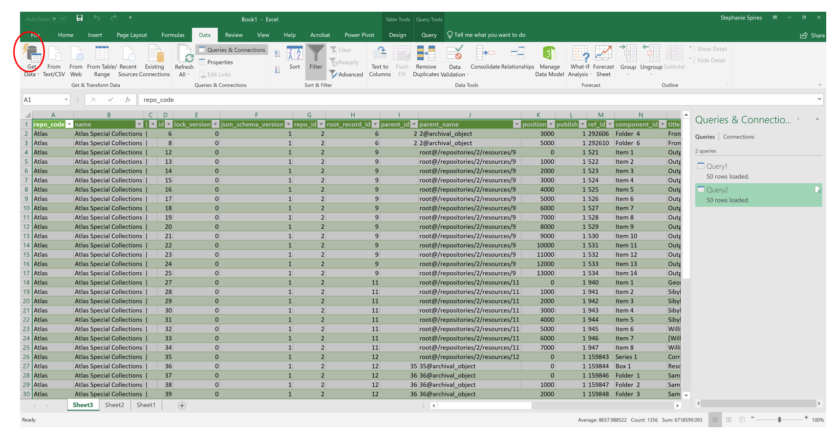 Excel Data tab with "Get Data" button highlighted