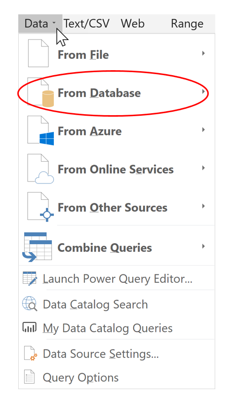 Excel's Get Data menu with "From Database" option highlighted
