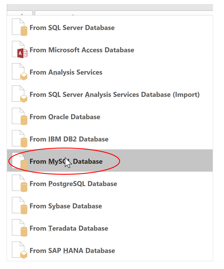 Database selection dialog with "From MySQL Database" option highlighted