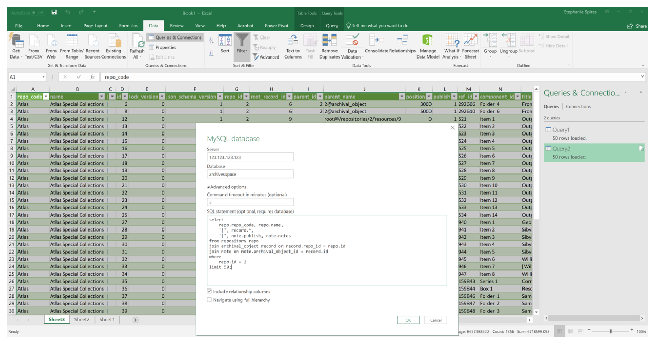 MySQL database connection dialog showing server and database configuration fields