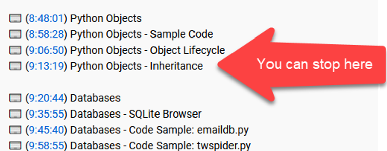 Screenshot of the video timestamps of the 13-hour Python for Everybody course available for free on YouTube. The screenshot shows that you can stop watching after timestamp 9:13:19, after the section called Python Objects - Inheritance and before the section called Databases.