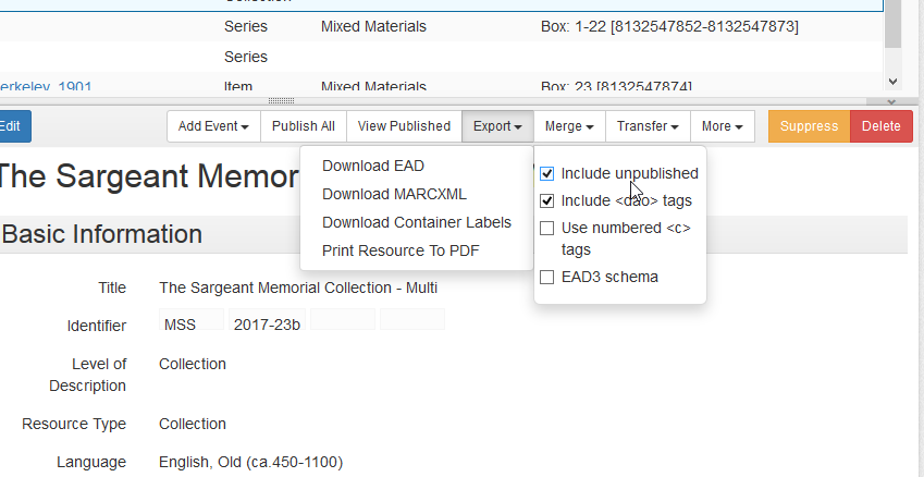 Export menu showing various EAD export options with checkboxes