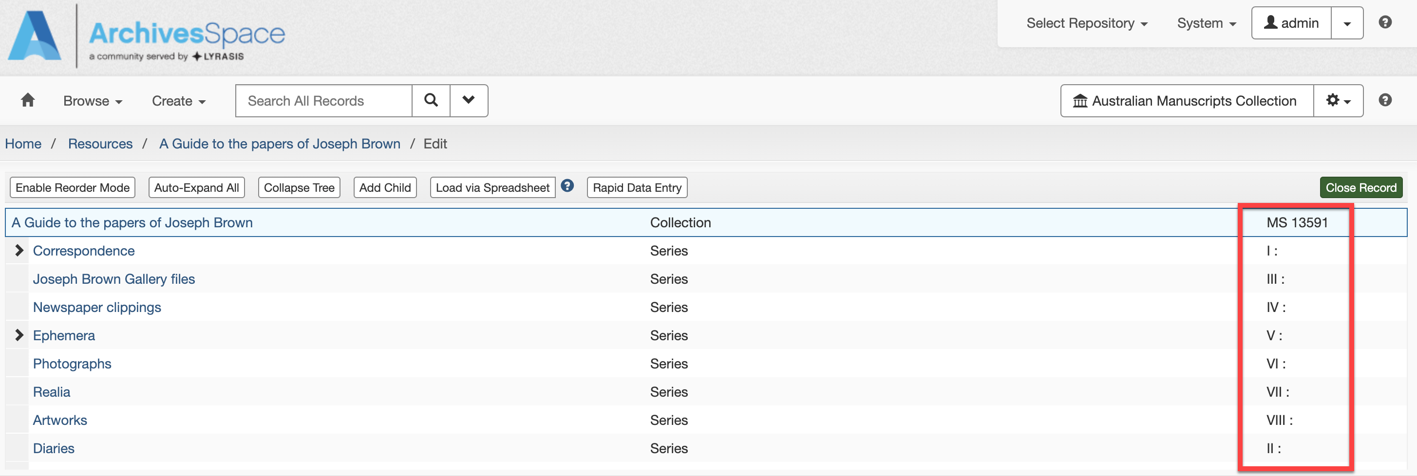 Staff interface with component identifiers displayed in the tree hierarchy
