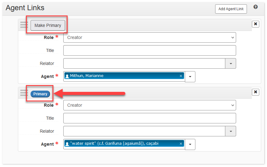 Agent Links section with "Make Primary" checkbox highlighted and "Primary" indicator on agent records