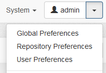 ArchivesSpace staff interface showing a dropdown menu in the upper right corner with Global Preferences, Repository Preferences, User Preferences