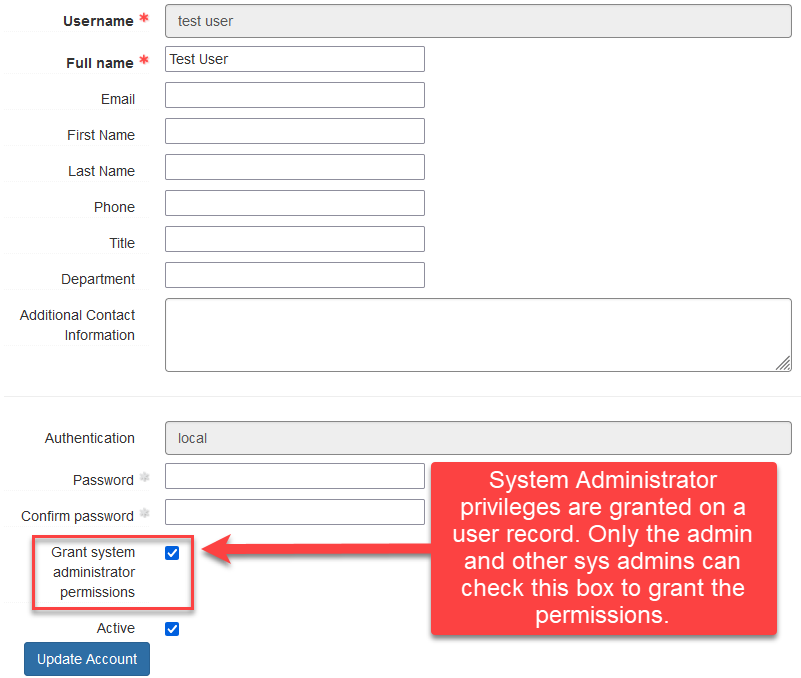 User account settings page with "Grant system administrator permissions" checkbox highlighted