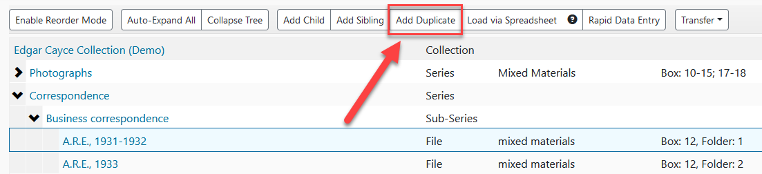 Tree menu in Edit mode with "Add Duplicate" option visible