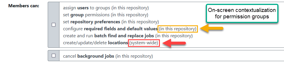 Permission Group menu with contextual labels like "(in this repository)" and "(system-wide)