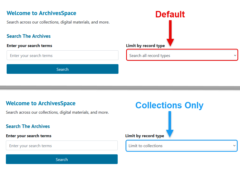 PUI search interface showing default 'Search all record types' option (top) and 'Limit to collections' option (bottom)