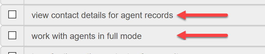Permission checkboxes for "view contact details for agent records" and "work with agents in full mode"