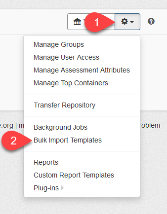 Gear menu with "Bulk Import Templates" option highlighted