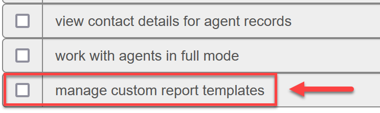 Permission settings with "manage custom report templates" checkbox highlighted