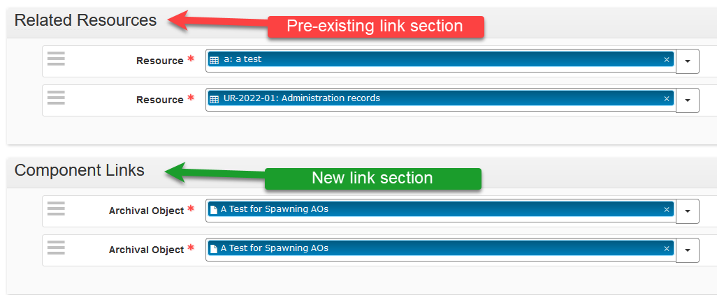 Related Resources and Component Links sections in accession record