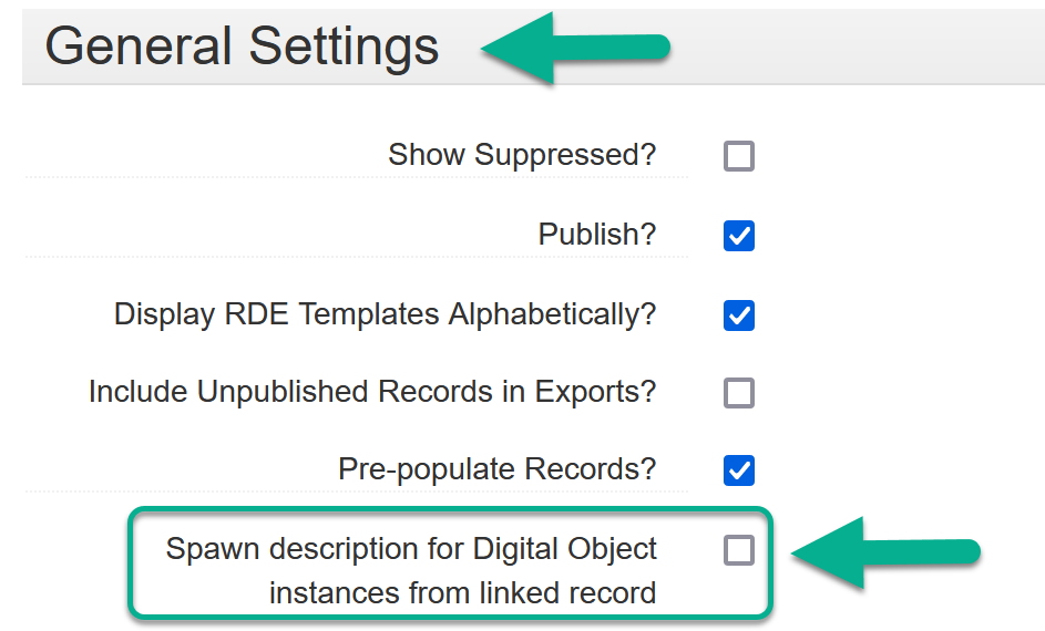 General Settings with "Spawn description for Digital Object instances from linked record" checkbox highlighted