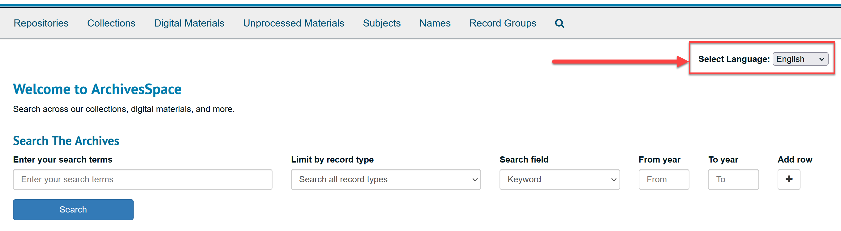 PUI with language selection dropdown showing "English"