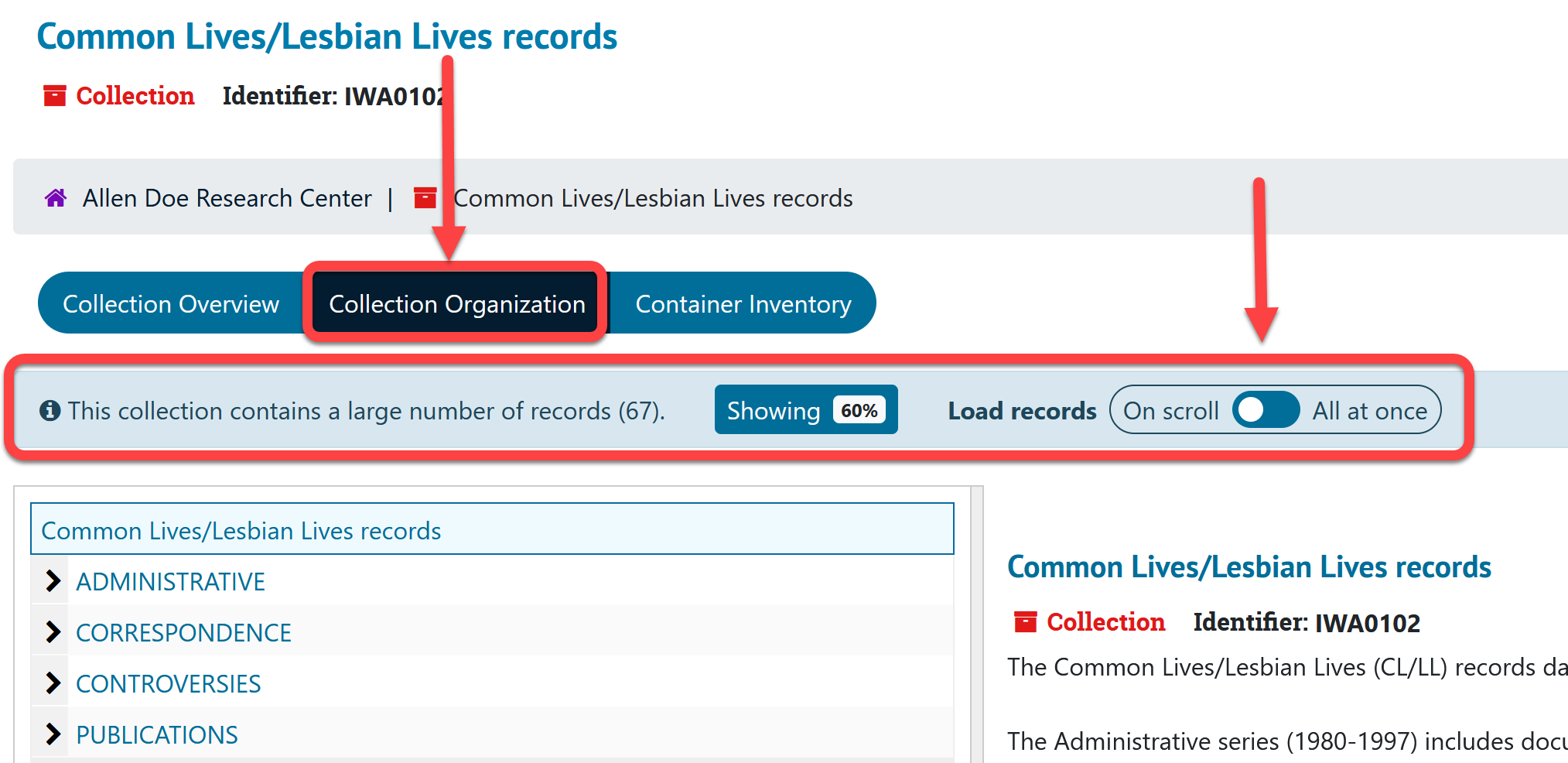 Progress bar displaying collection loading status with ability to toggle all records