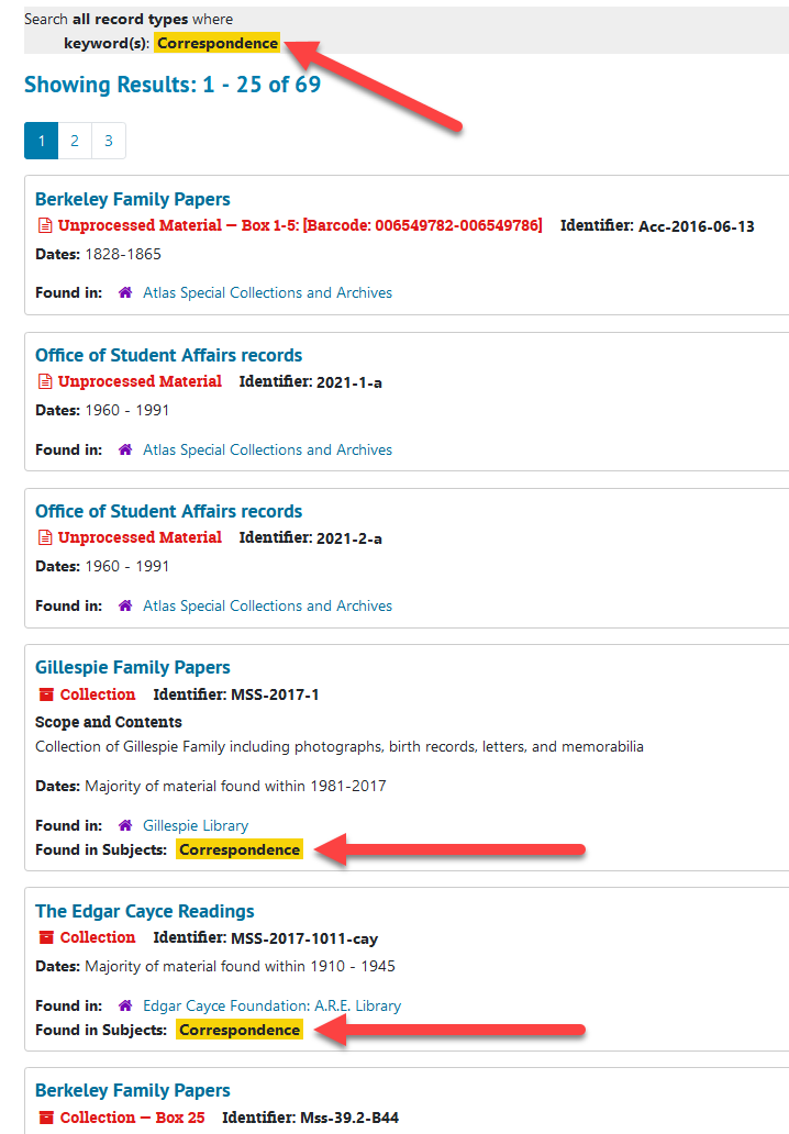 Search results with "Correspondence" keyword highlighted in yellow