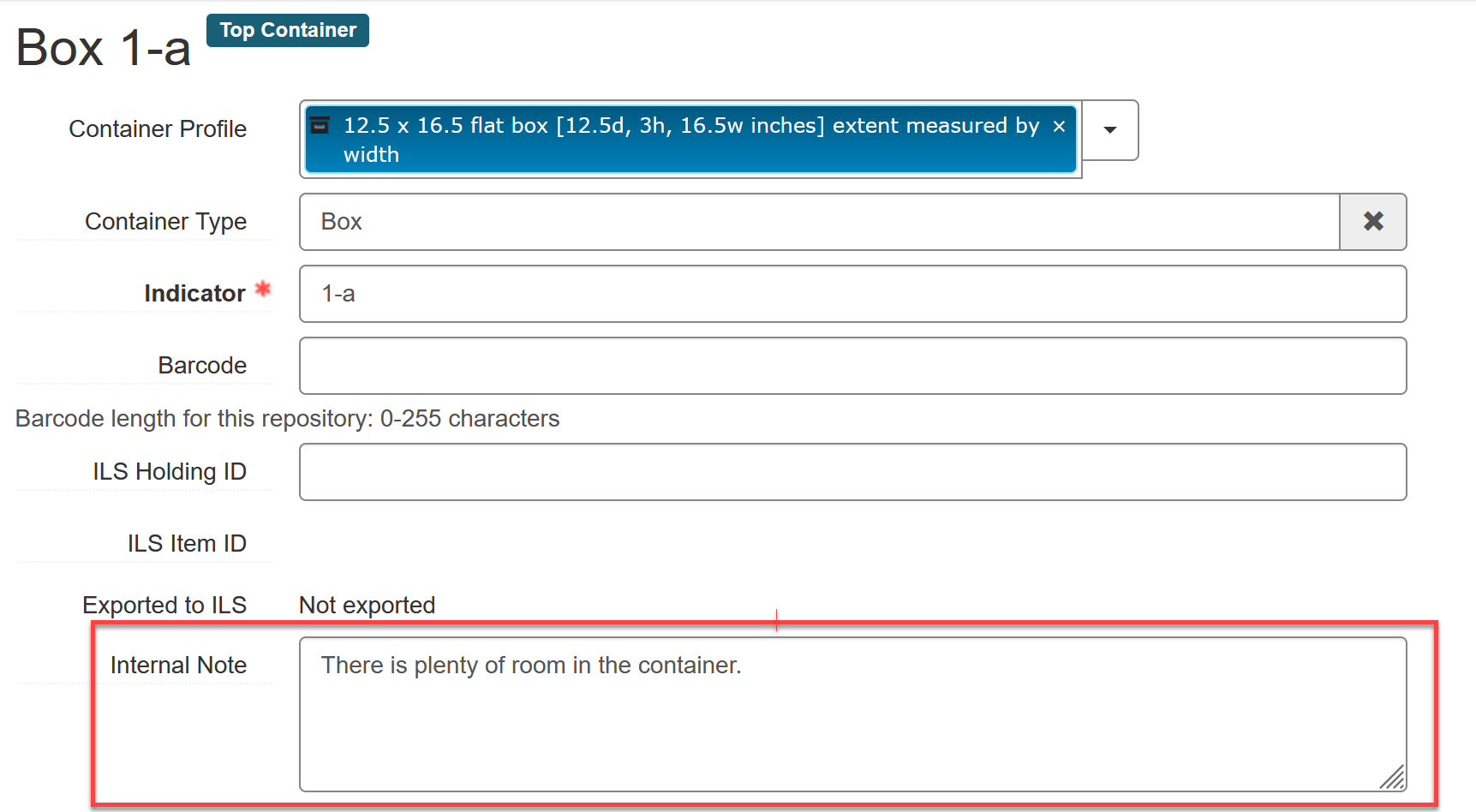 Top container record with Internal Note field highlighted