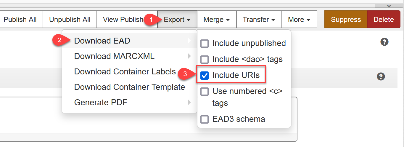 Export dropdown menu with "Download EAD" option and "Include URIs" checkbox highlighted
