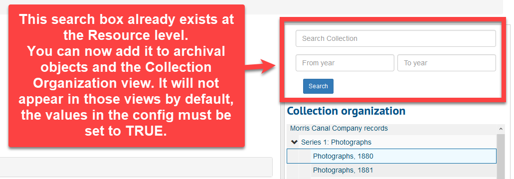 Screenshot showing the PUI search box interface that can be added to archival objects and the Collection Organization view.