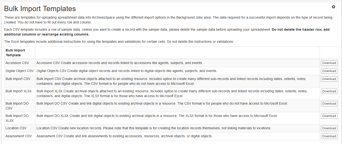 Bulk Import Templates page with various template downloads available