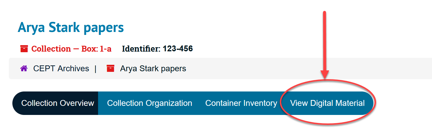 Collection page with "View Digital Material" button highlighted in the navigation tabs