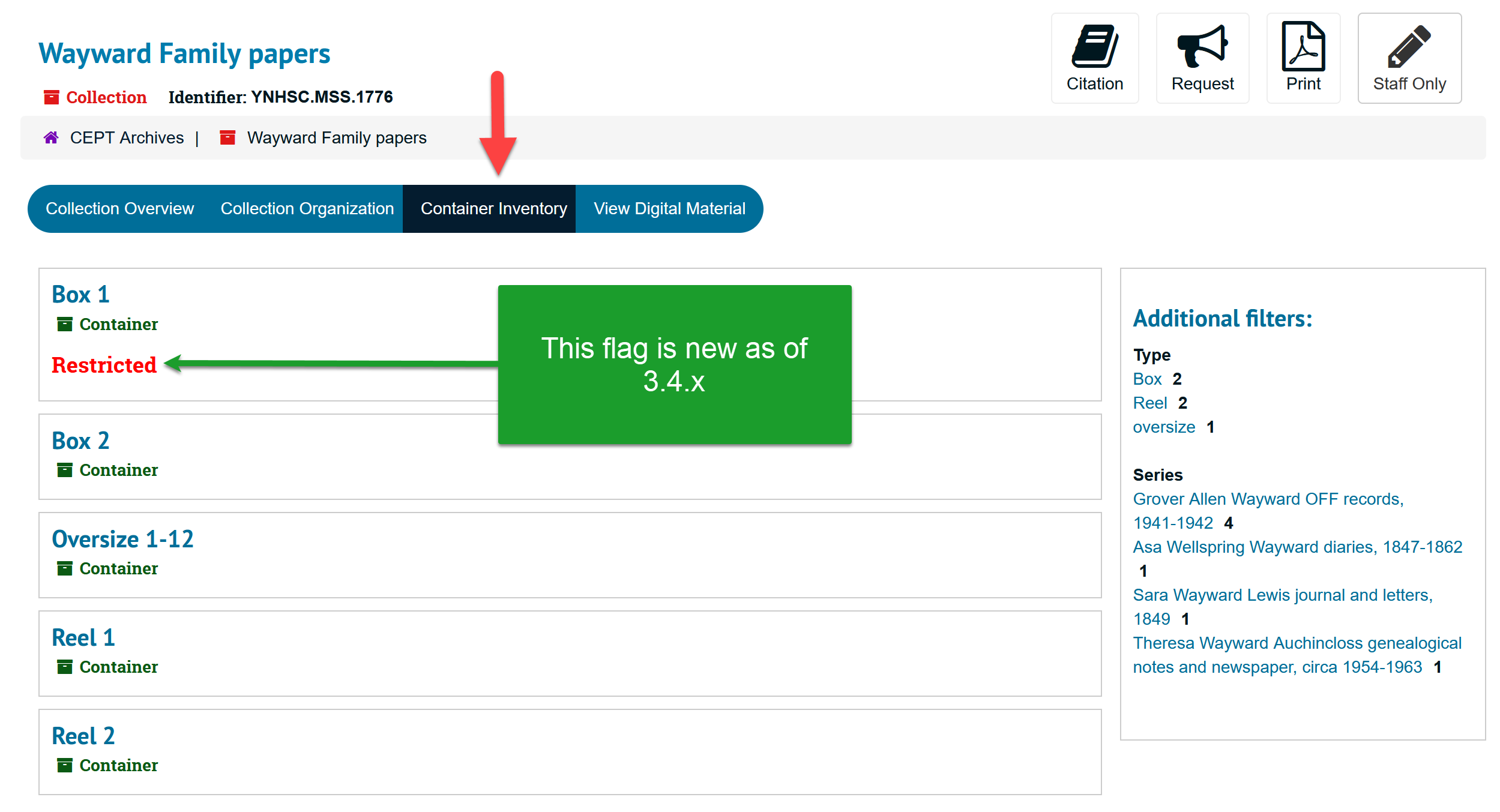 Container inventory view with "Restricted" flag displayed on Box 1